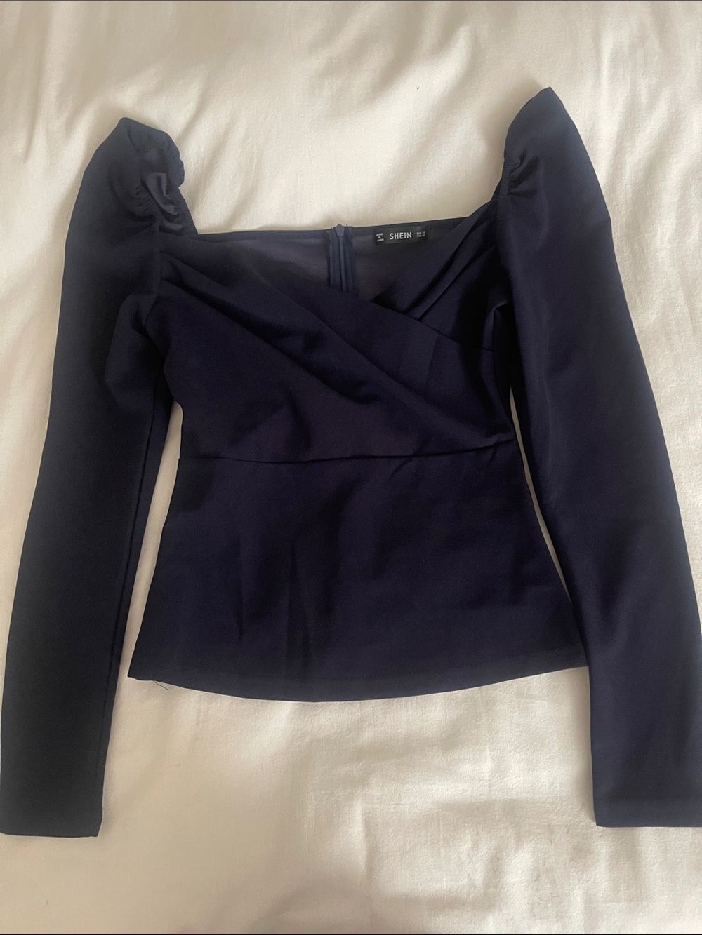 SHEIN Navy Long Sleeve Puff-Shoulder Square Neck Top